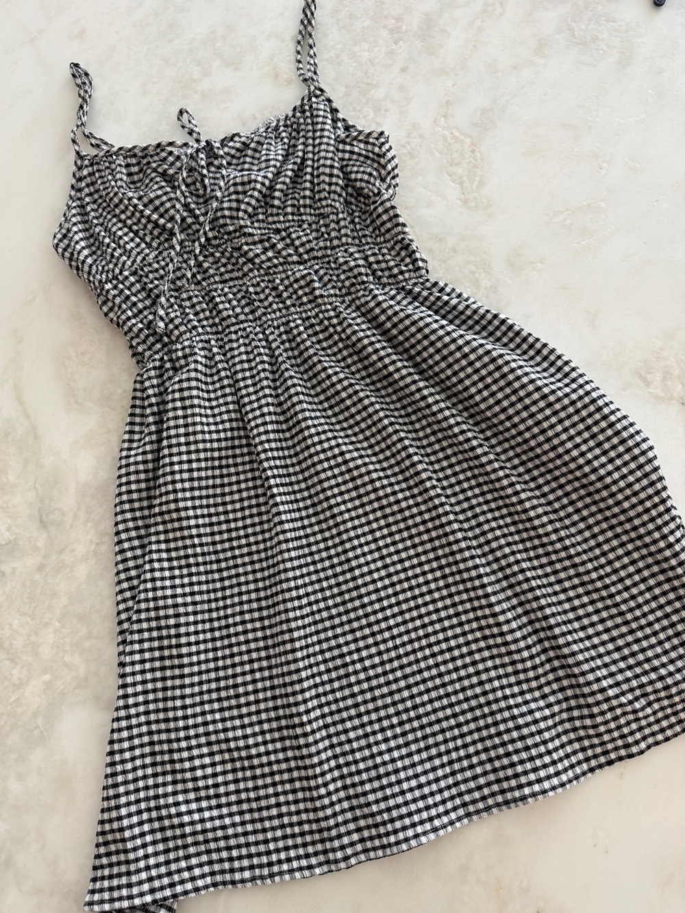 Smocked Gingham Spaghetti Strap Dress in Black and White